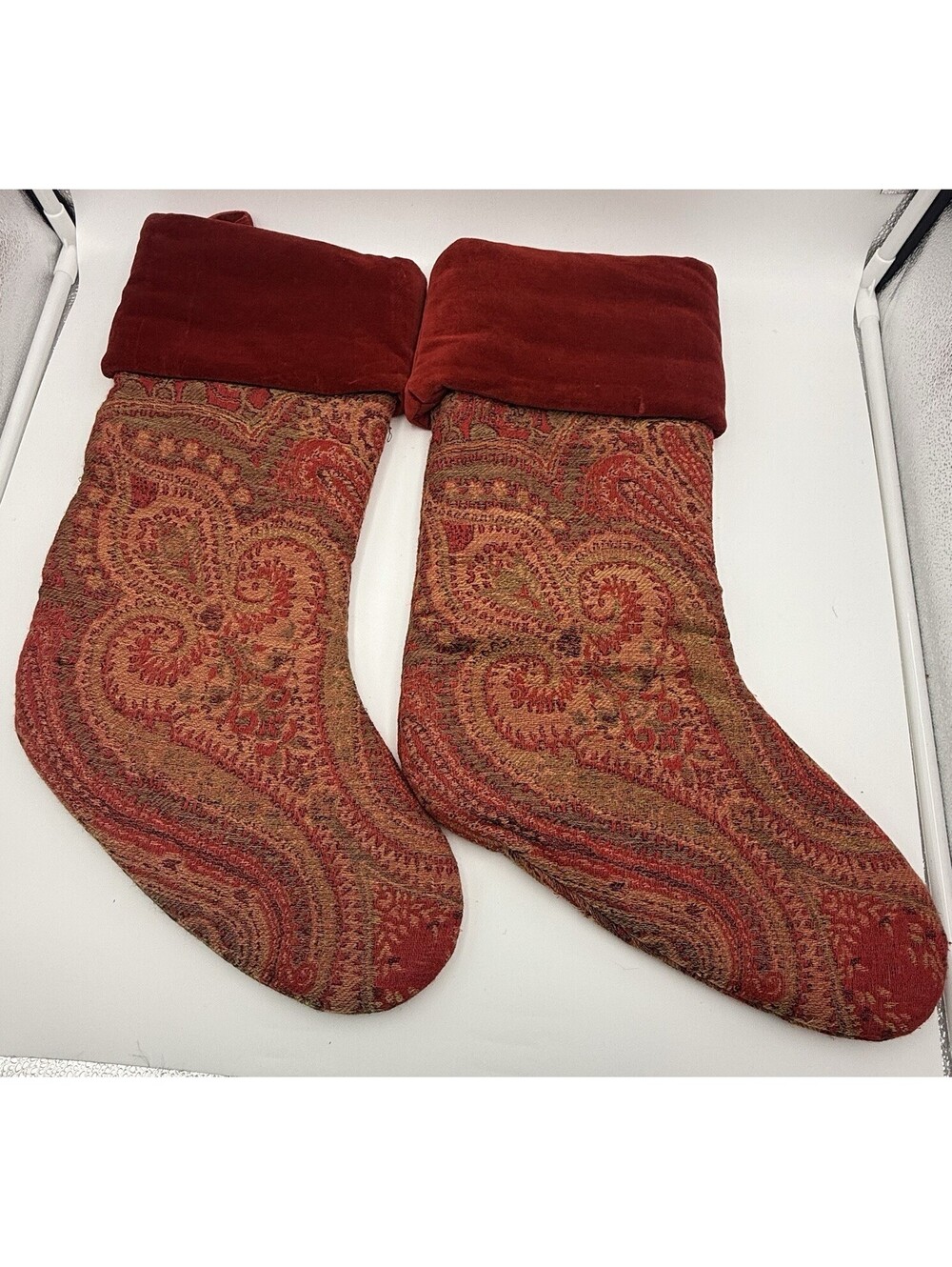 Pottery Barn Tapestry x 2 Lot Christmas Stocking Red Paisley Velvet Cuff VTG